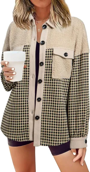 SHEWIN Shackets for Women 2024 Casual Long Sleeve Tops Button Down Plaid Fall Jackets