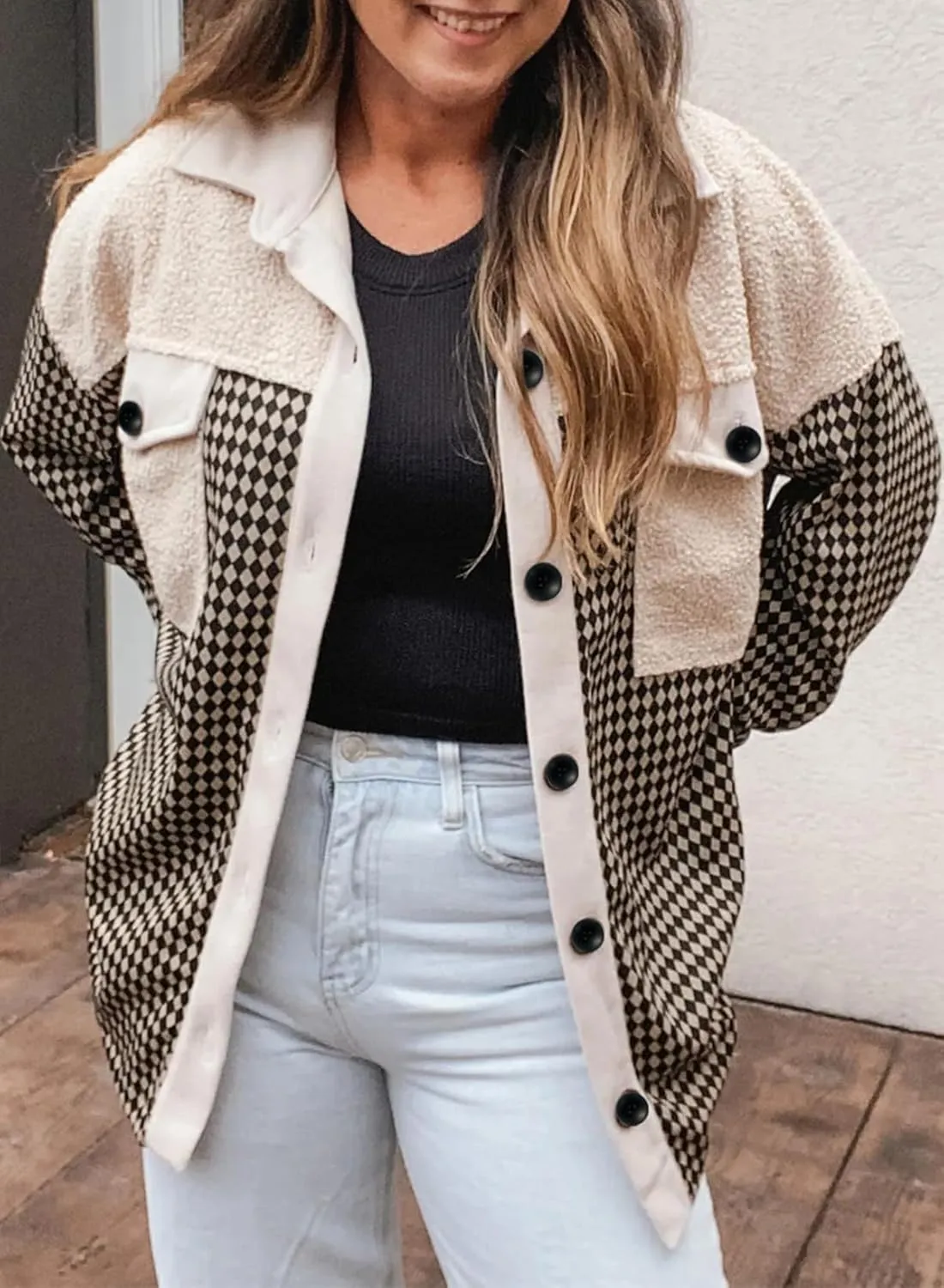 SHEWIN Shackets for Women 2024 Casual Long Sleeve Tops Button Down Plaid Fall Jackets