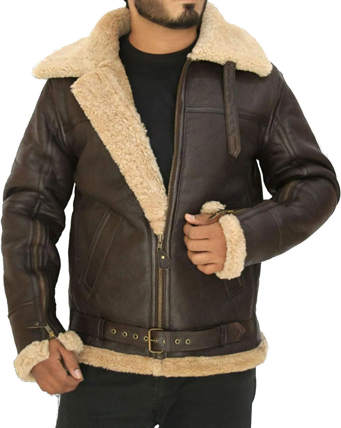 Theoutfit-B3 Raf Brown Military Leather Shearling Pilot Bomber Winter Jacket For Men's