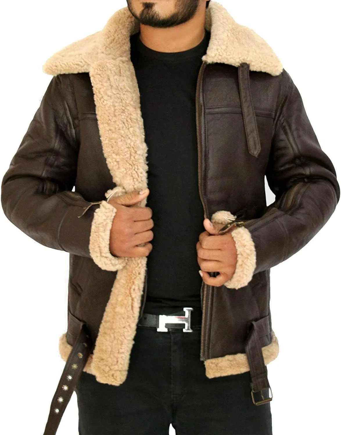 Theoutfit-B3 Raf Brown Military Leather Shearling Pilot Bomber Winter Jacket For Men's