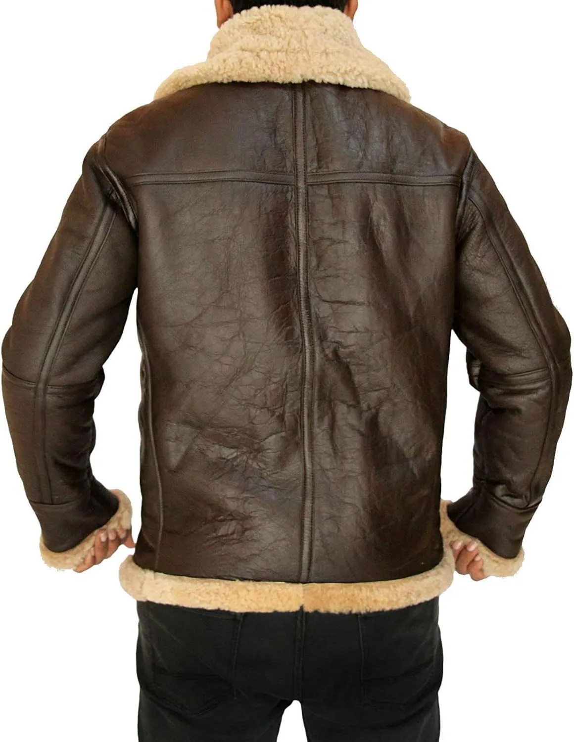 Theoutfit-B3 Raf Brown Military Leather Shearling Pilot Bomber Winter Jacket For Men's