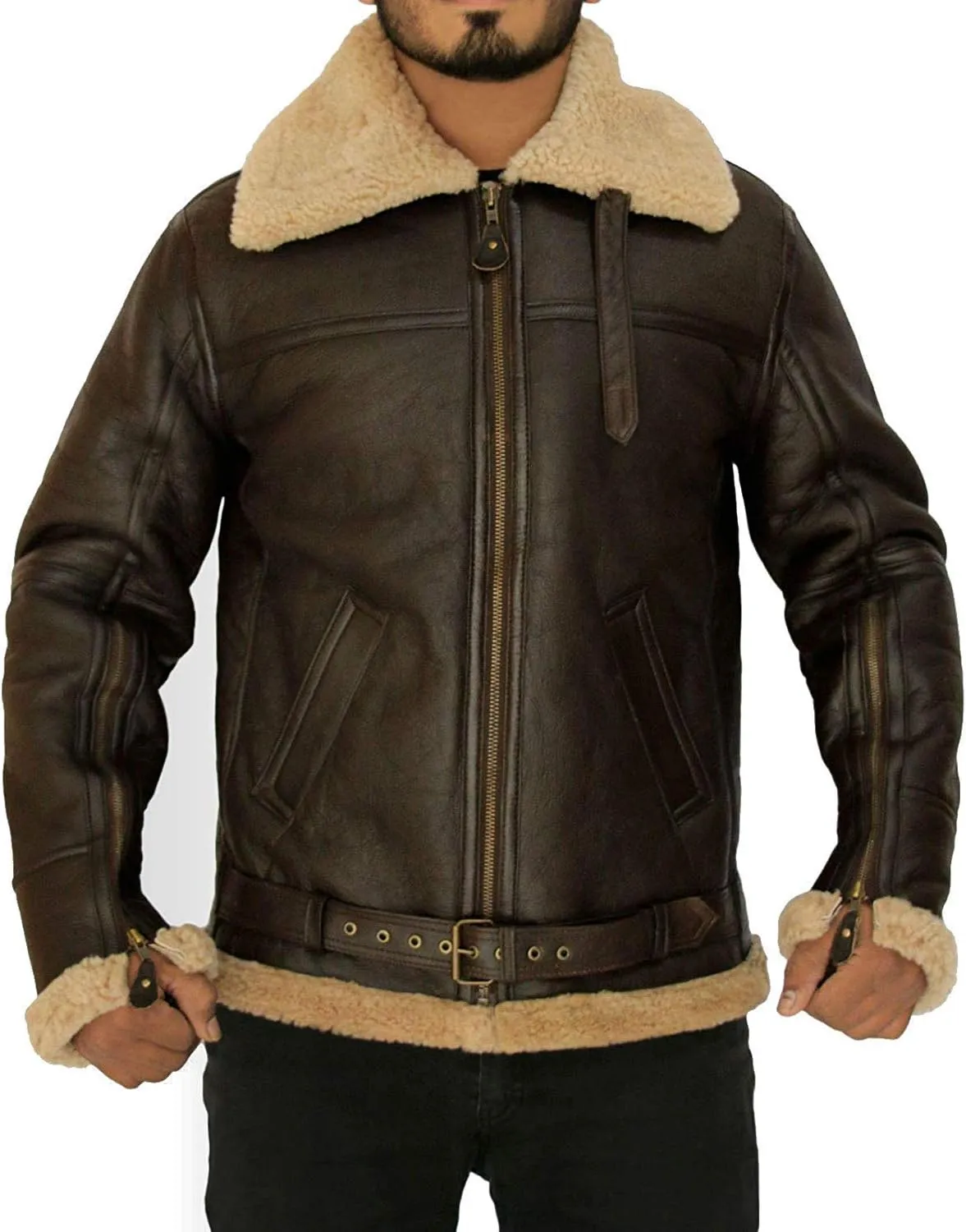 Theoutfit-B3 Raf Brown Military Leather Shearling Pilot Bomber Winter Jacket For Men's