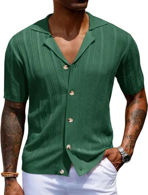 URRU Men's Knit Button Down Shirt Short Sleeve Vintage Polo Shirts Casual Summer Beach Tops