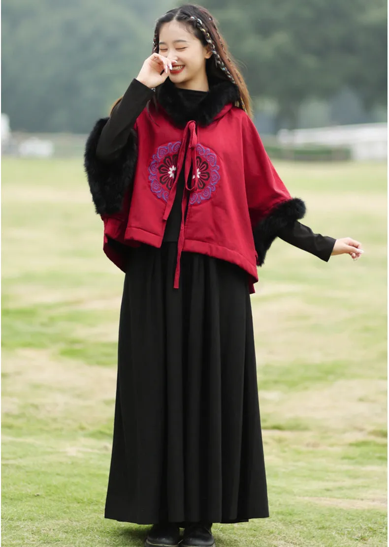 Vintage Embroidered Plush Hooded Cape Coat