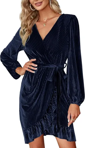 Wenrine Women's Velvet Wrap Mini Dresses Casual V Neck Long Sleeve Ruffle Club Dress