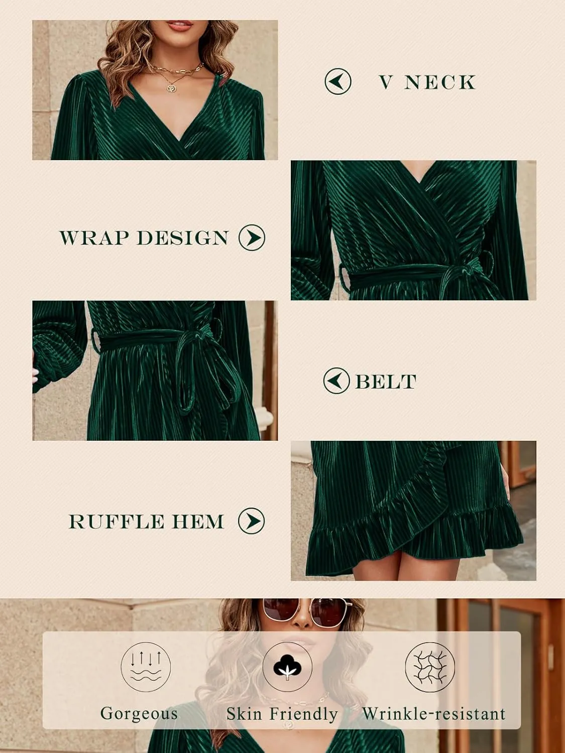 Wenrine Women's Velvet Wrap Mini Dresses Casual V Neck Long Sleeve Ruffle Club Dress