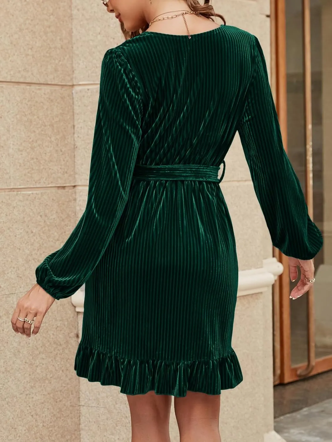 Wenrine Women's Velvet Wrap Mini Dresses Casual V Neck Long Sleeve Ruffle Club Dress