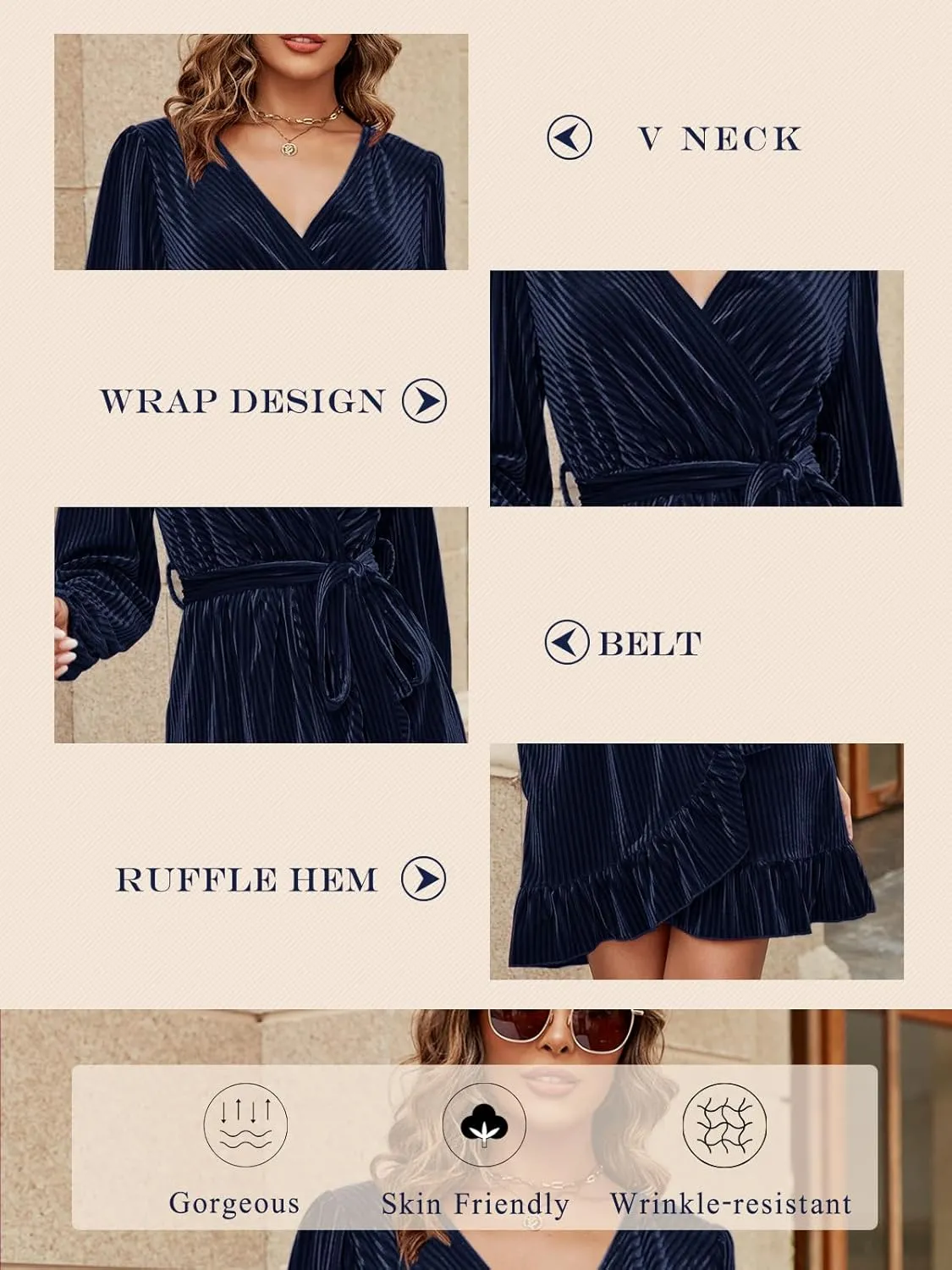 Wenrine Women's Velvet Wrap Mini Dresses Casual V Neck Long Sleeve Ruffle Club Dress