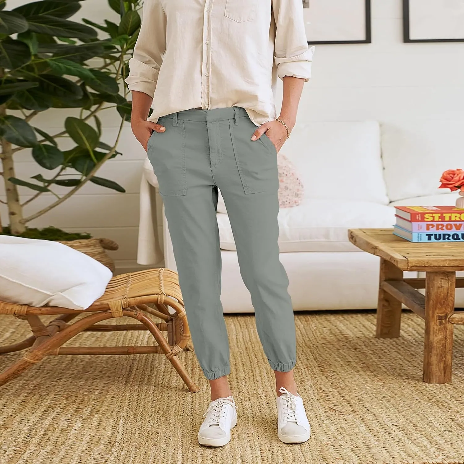 Women Linen Joggers Casual Cropped Linen Pants High Waisted Tapered Leg Jogger with Pockets Ankle Length Chino Pants