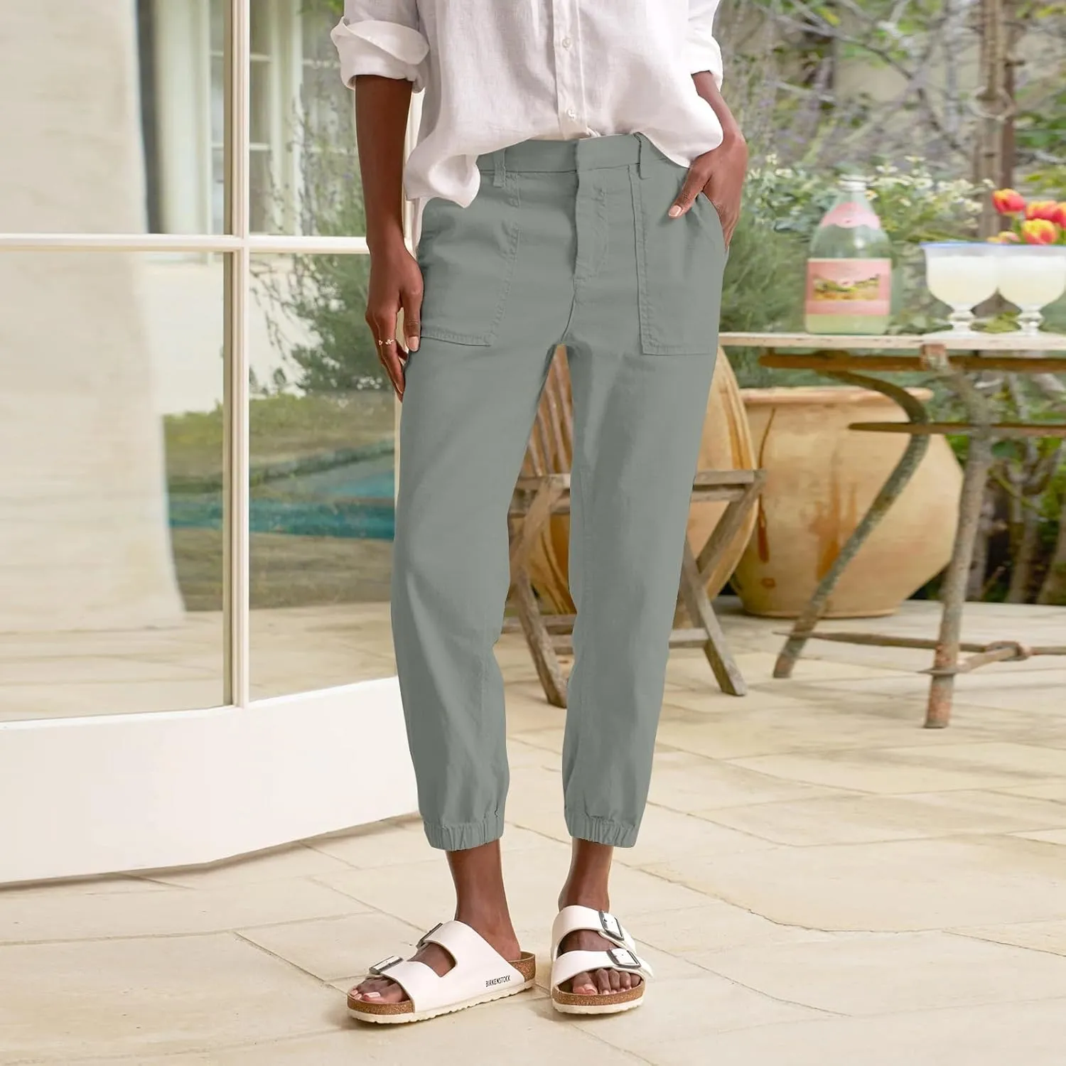 Women Linen Joggers Casual Cropped Linen Pants High Waisted Tapered Leg Jogger with Pockets Ankle Length Chino Pants