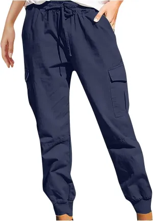 Women's Cargo Pants Tapered Leg Joggers Drawstring High Waist Pants Cotton Casual Hiking Trousers with Pockets