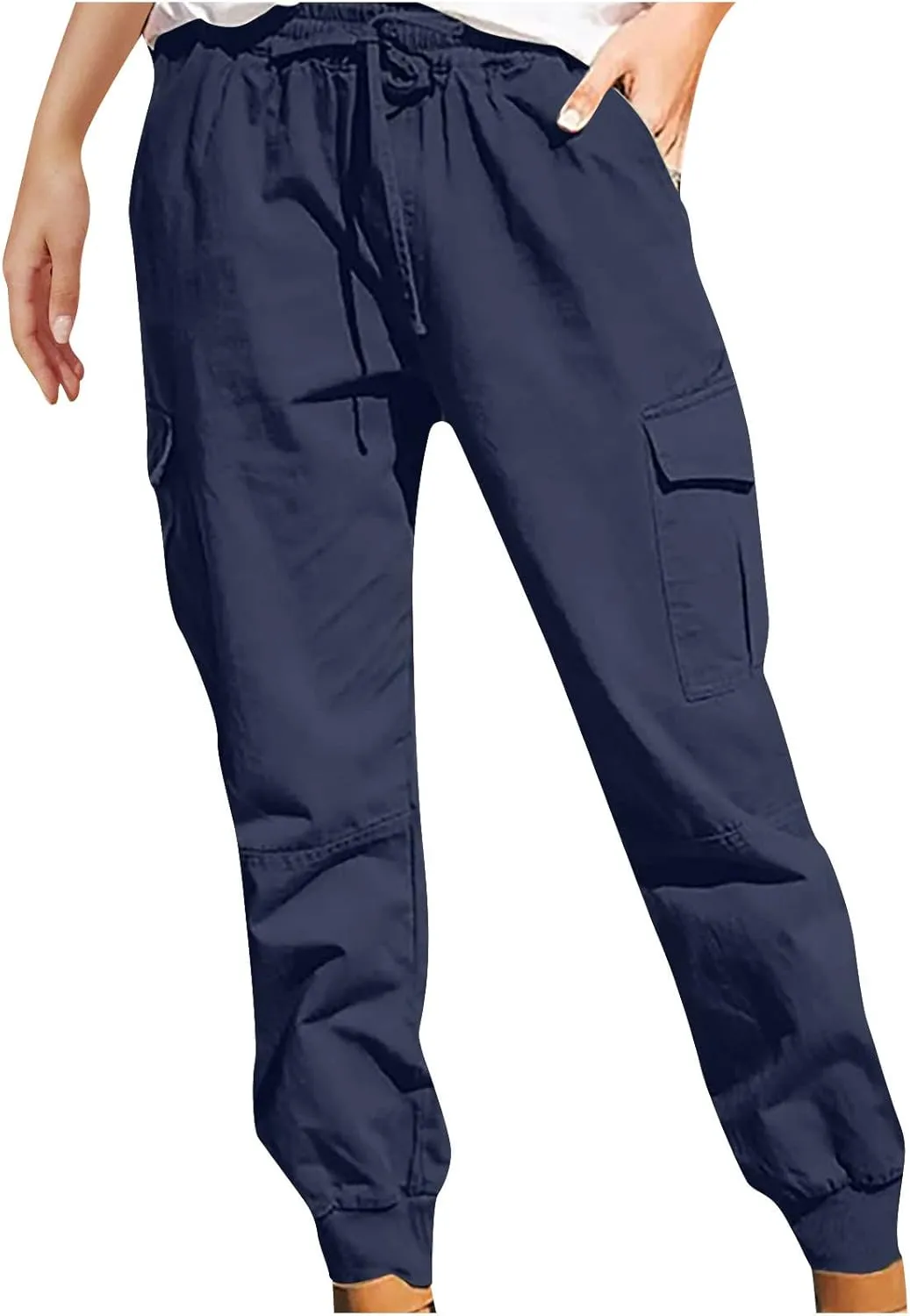 Women's Cargo Pants Tapered Leg Joggers Drawstring High Waist Pants Cotton Casual Hiking Trousers with Pockets