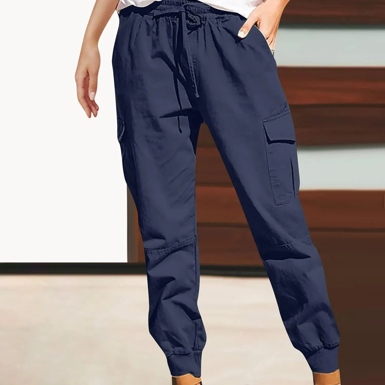 Women's Cargo Pants Tapered Leg Joggers Drawstring High Waist Pants Cotton Casual Hiking Trousers with Pockets