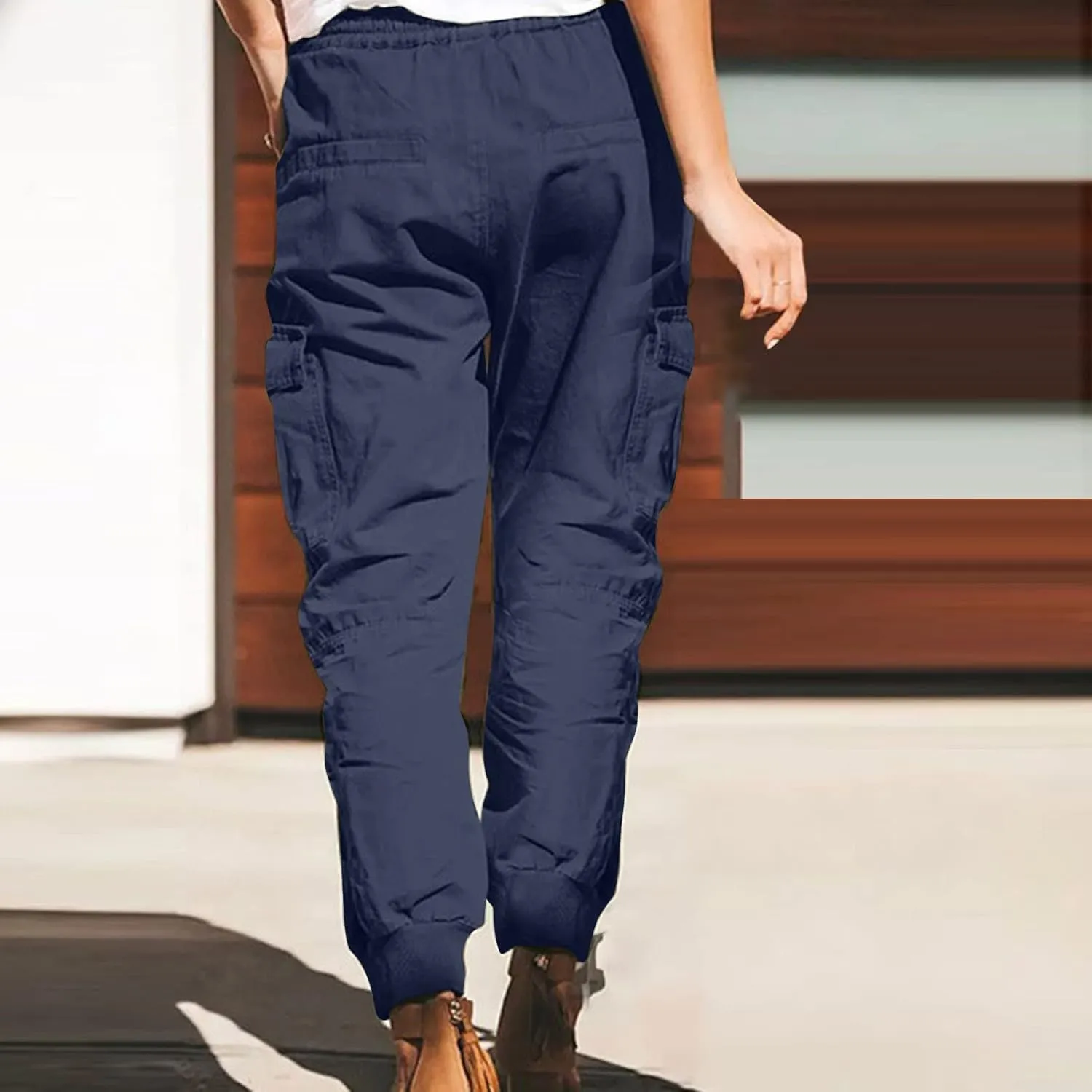 Women's Cargo Pants Tapered Leg Joggers Drawstring High Waist Pants Cotton Casual Hiking Trousers with Pockets
