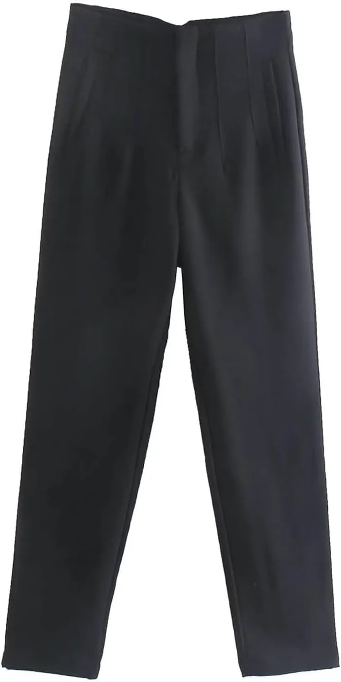 Women's Casual Wide Leg Pants Solid Color High Waisted Button Down Straight Long Trousers Pants Paper Bag Casual
