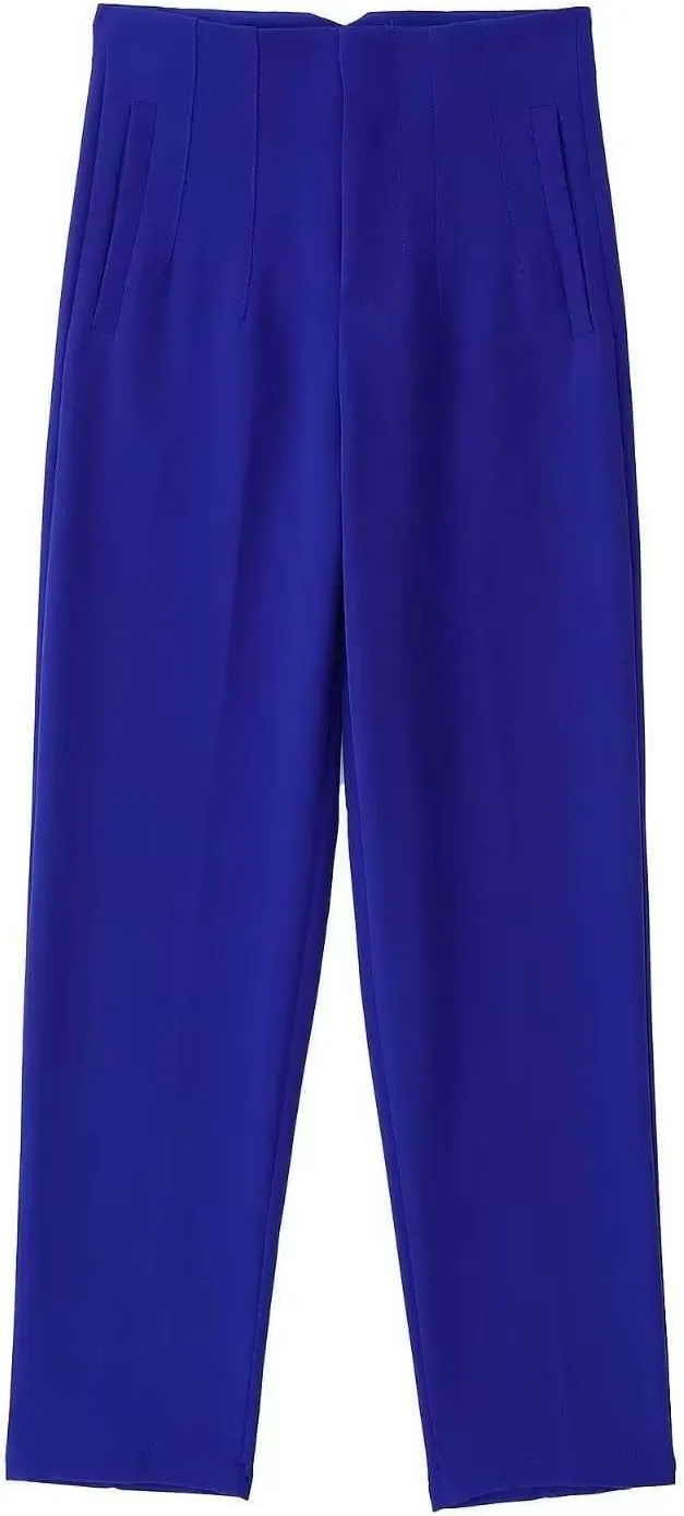 Women's Casual Wide Leg Pants Solid Color High Waisted Button Down Straight Long Trousers Pants Paper Bag Casual