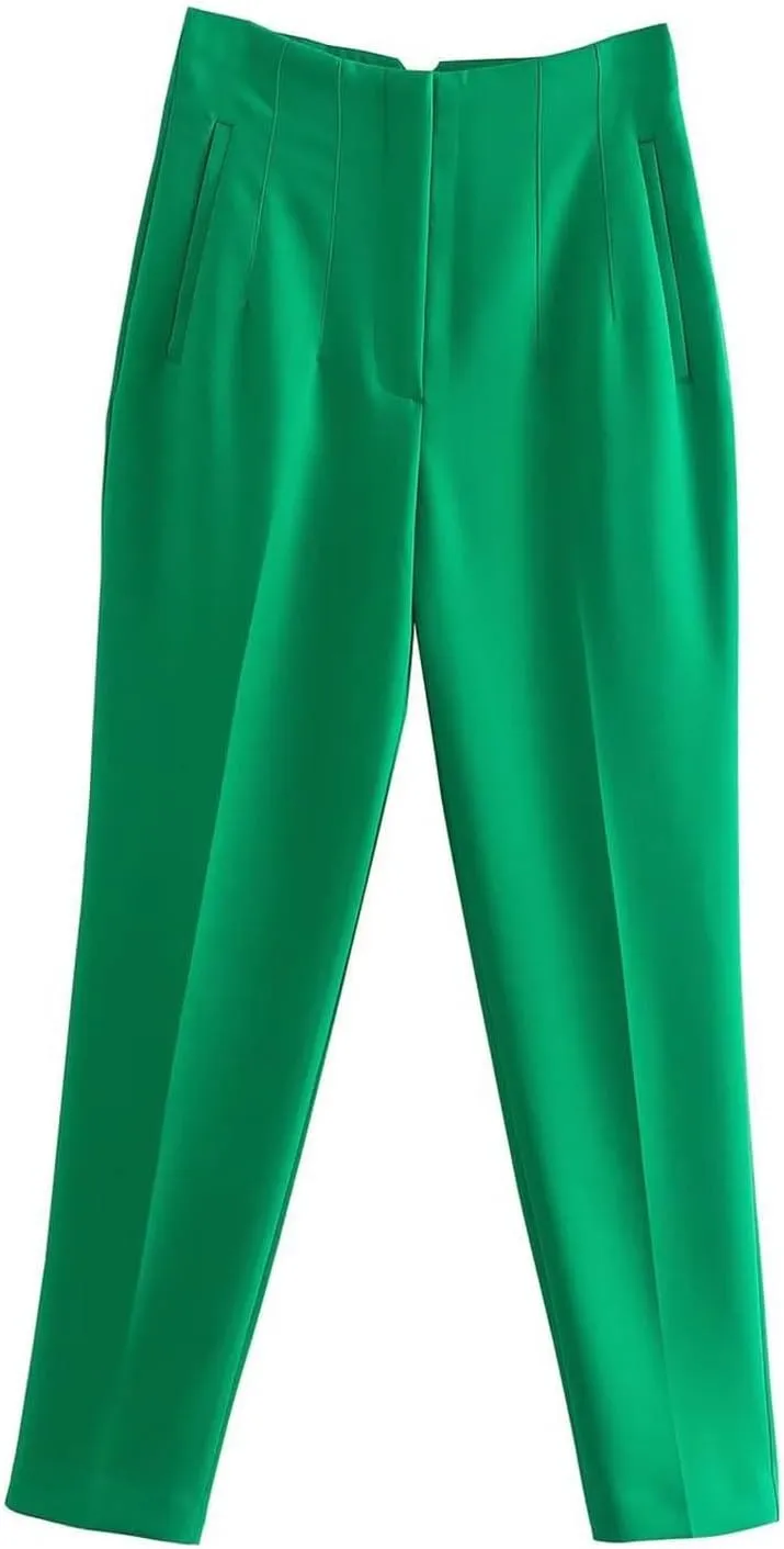 Women's Casual Wide Leg Pants Solid Color High Waisted Button Down Straight Long Trousers Pants Paper Bag Casual