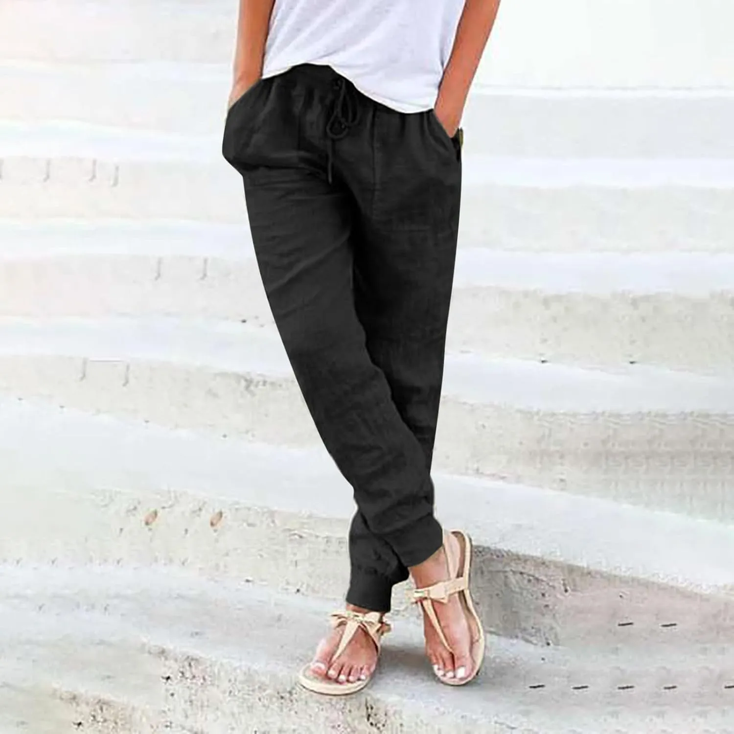 Women's Cotton Linen Jogger Pants Tapered Leg Summer Casual Lightweight Drawstring Elastic Waist Joggers with Pockets