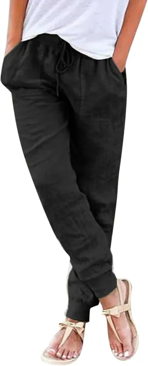 Women's Cotton Linen Jogger Pants Tapered Leg Summer Casual Lightweight Drawstring Elastic Waist Joggers with Pockets