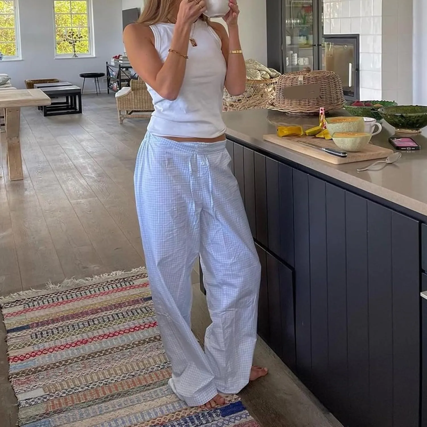 Women's Stripe Pajama Pants Y2K Elastic High Waisted Wide Leg Pants Loose Lounge Sleep Pants Trousers with Pockets
