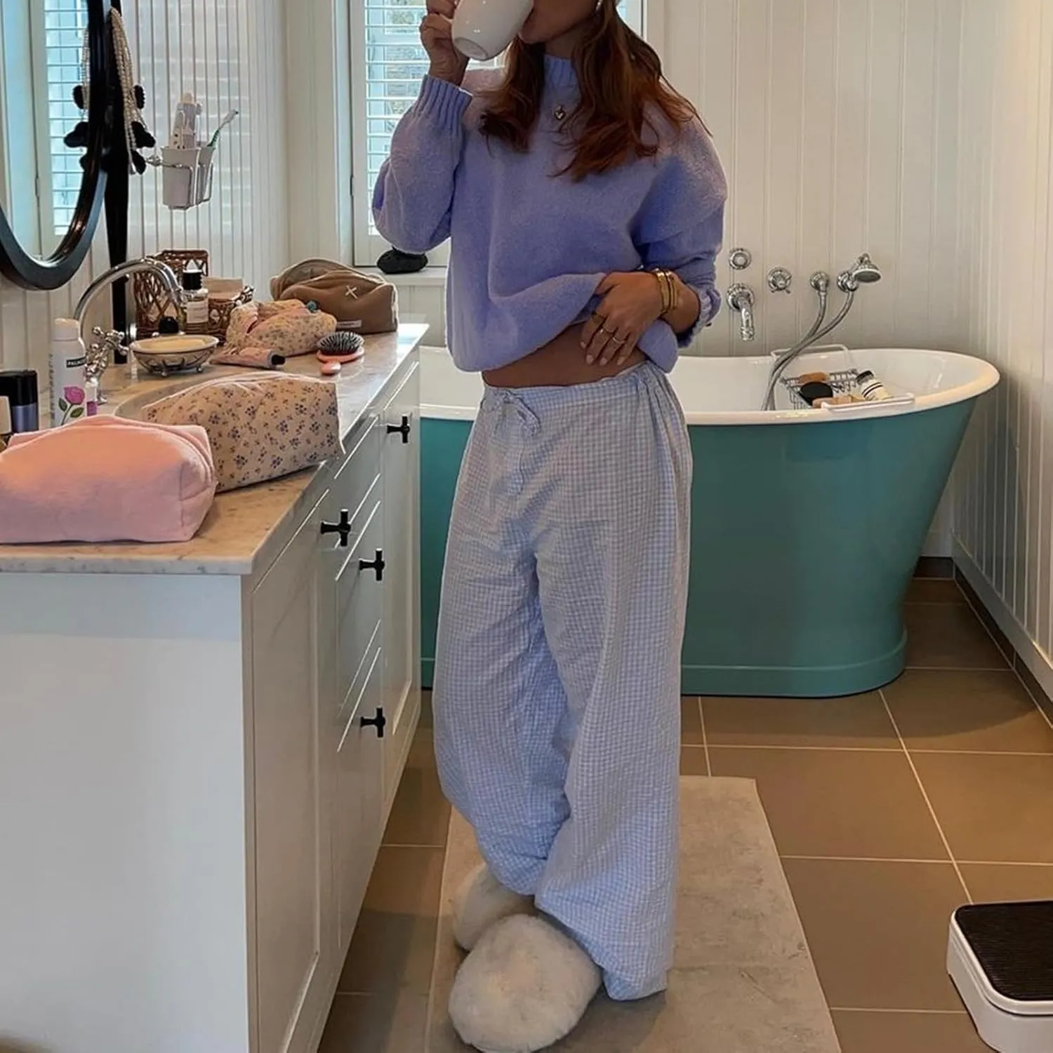 Women's Stripe Pajama Pants Y2K Elastic High Waisted Wide Leg Pants Loose Lounge Sleep Pants Trousers with Pockets