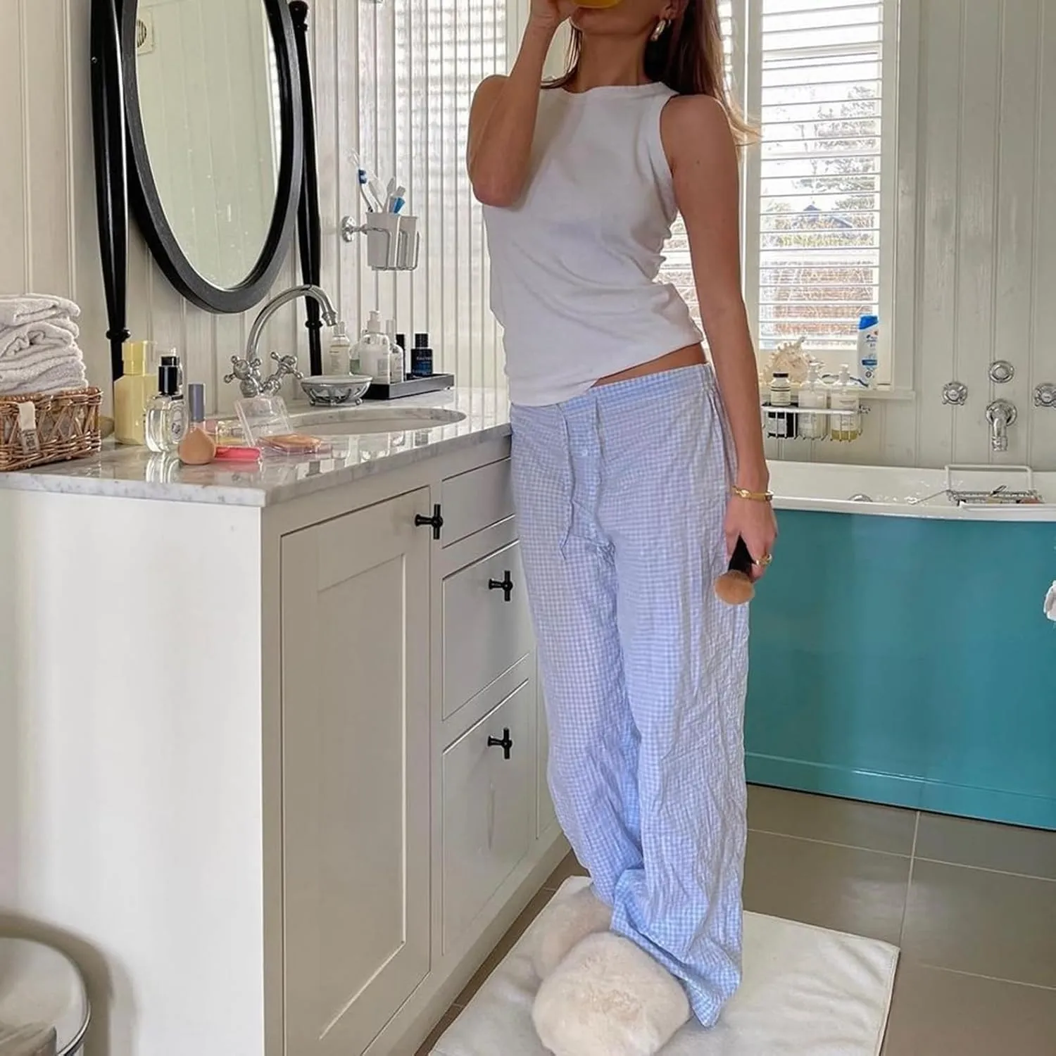 Women's Stripe Pajama Pants Y2K Elastic High Waisted Wide Leg Pants Loose Lounge Sleep Pants Trousers with Pockets