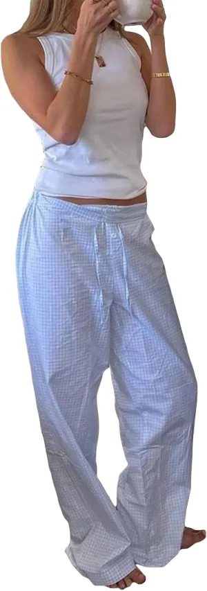 Women's Stripe Pajama Pants Y2K Elastic High Waisted Wide Leg Pants Loose Lounge Sleep Pants Trousers with Pockets