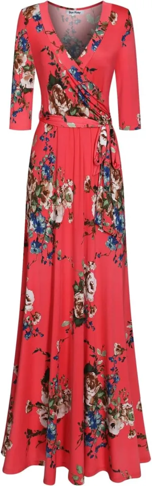 Women's Super Stretchy Maxi Party Dress Spring Floral Print Faux Wrap 3/4 Sleeve V-Neck