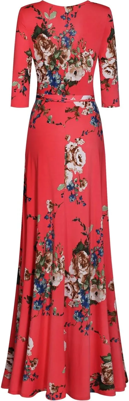 Women's Super Stretchy Maxi Party Dress Spring Floral Print Faux Wrap 3/4 Sleeve V-Neck