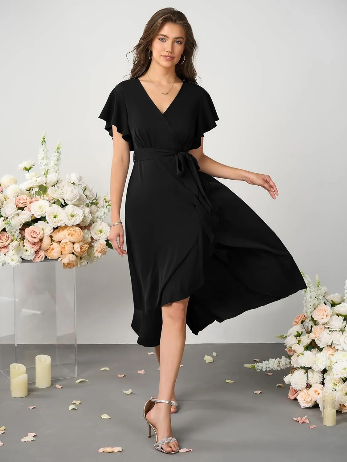 Womens Wedding Guest Midi Dress Flutter Sleeve V Neck Wrap High Low Bridesmaid Cocktail Formal Dresses for Women