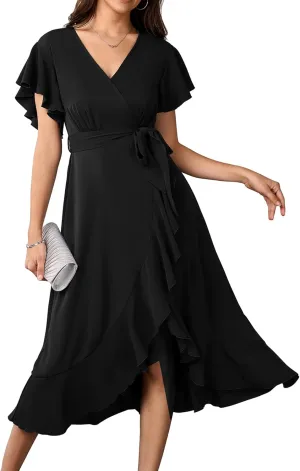 Womens Wedding Guest Midi Dress Flutter Sleeve V Neck Wrap High Low Bridesmaid Cocktail Formal Dresses for Women