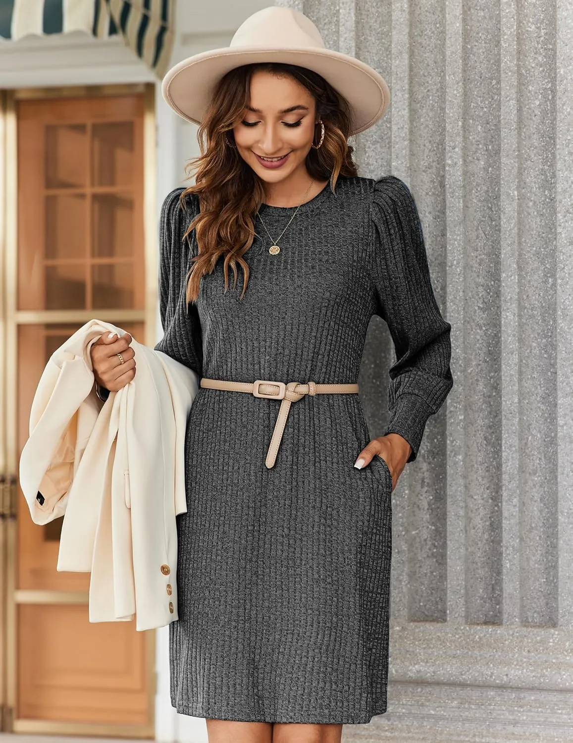Zeagoo Women's Knit Dress with Puff Sleeves for Fall & Winter - Round Neck Casual Tunic Dress