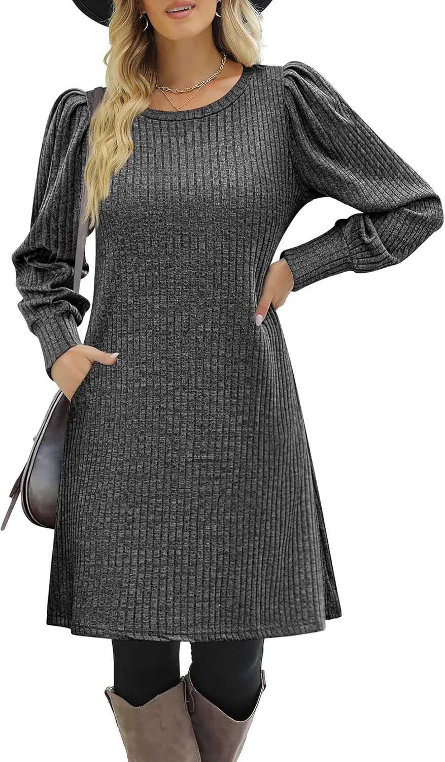 Zeagoo Women's Knit Dress with Puff Sleeves for Fall & Winter - Round Neck Casual Tunic Dress