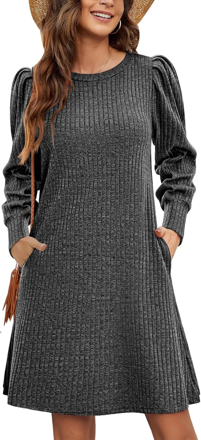 Zeagoo Women's Knit Dress with Puff Sleeves for Fall & Winter - Round Neck Casual Tunic Dress